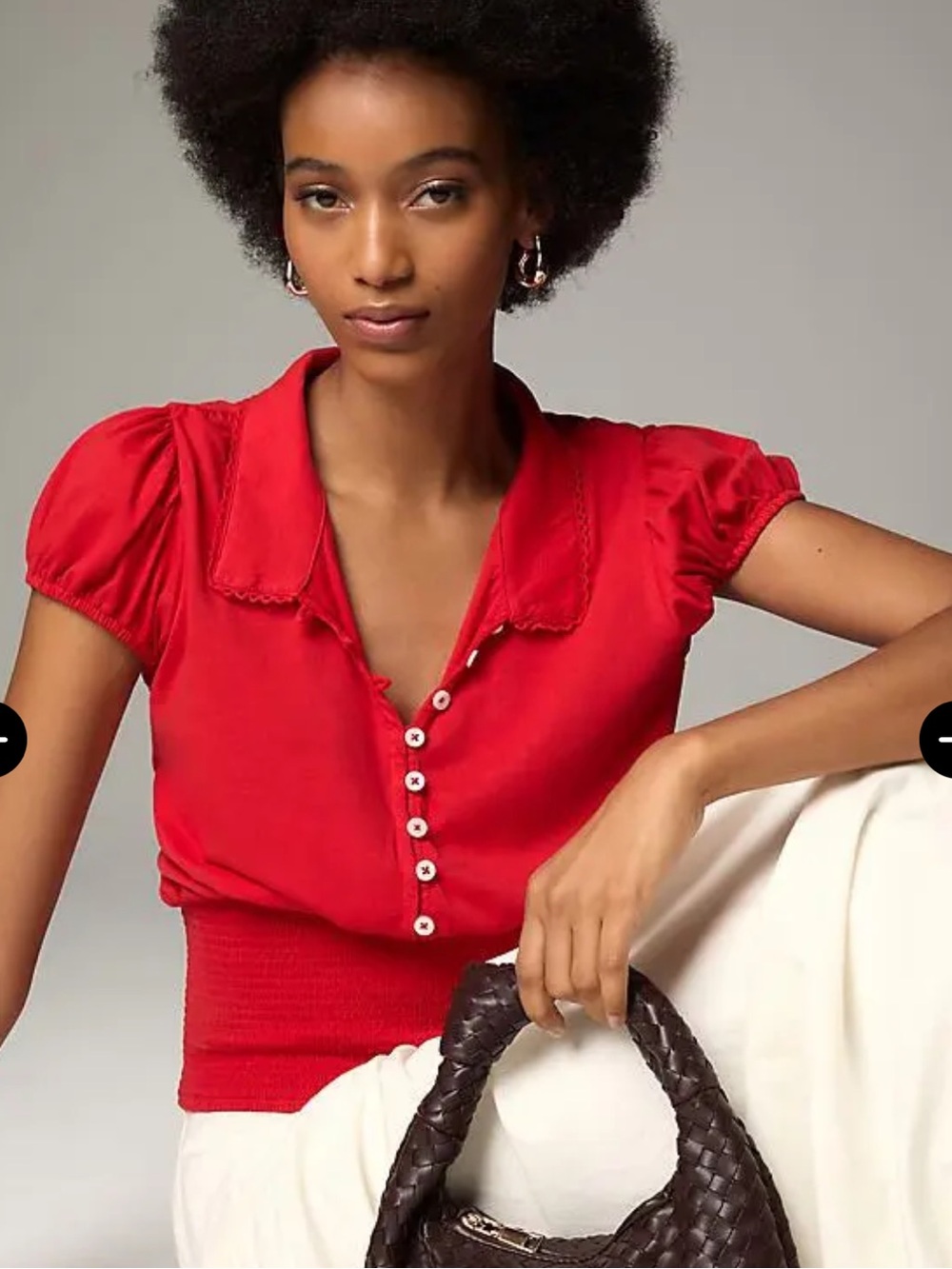 Maeve Short Sleeve Collared Smocked Waist Blouse-Red